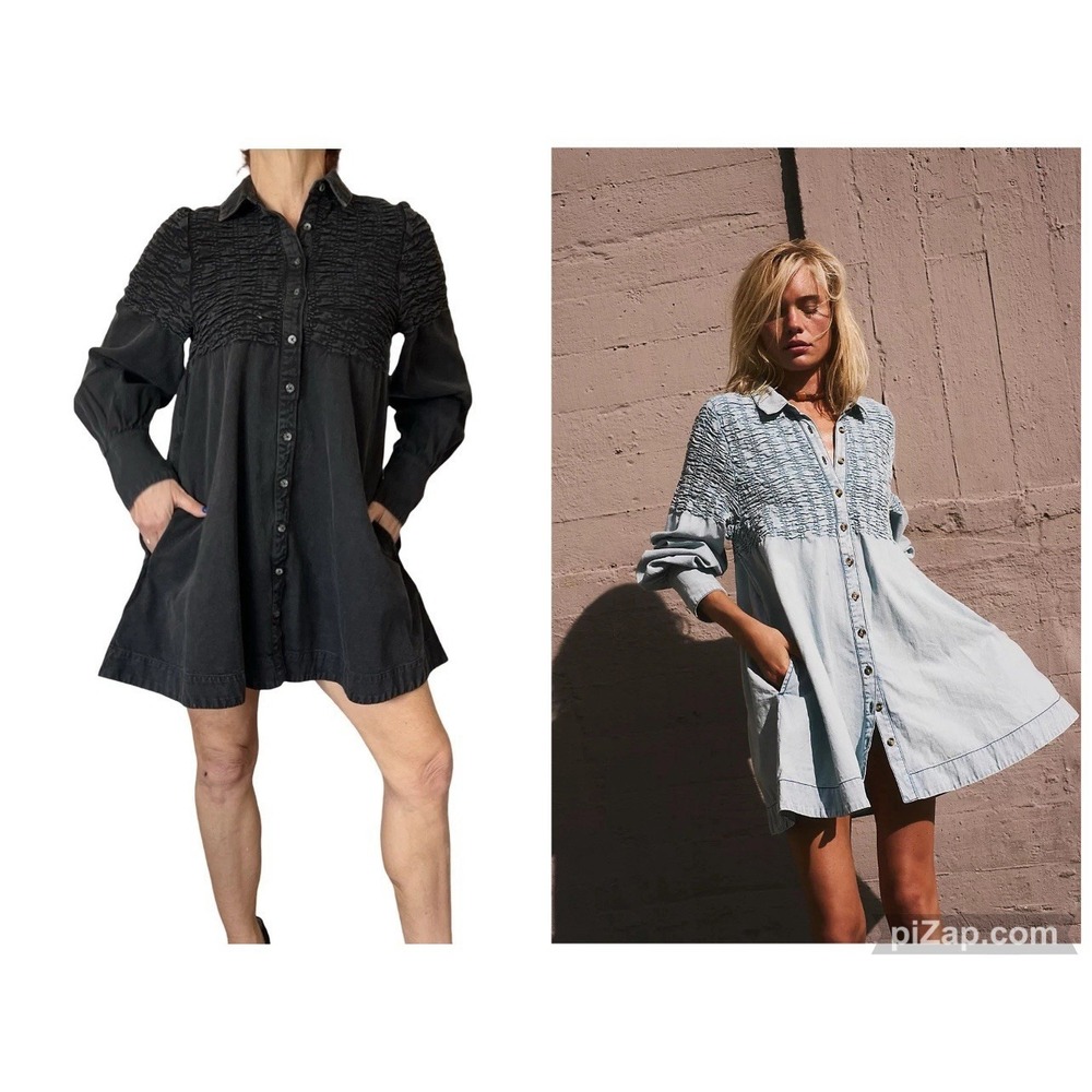 Free People Black  Denim Find Me Now Mini Shirt  Dress Smocked Long Sleeve Small